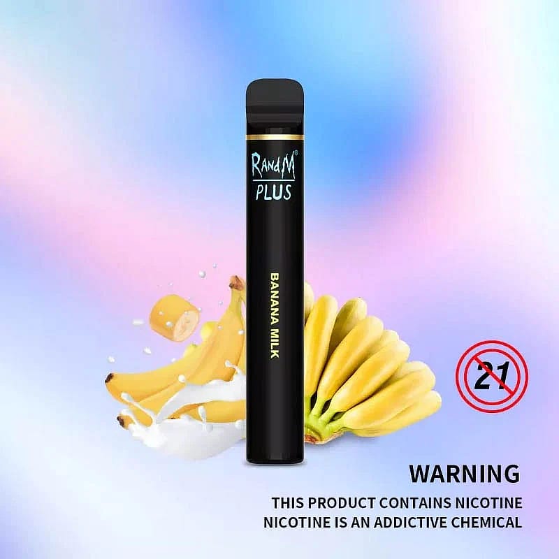 Dispositivo de vapeo desechable con la etiqueta "RandM Plus Banana Milk" y una advertencia de que contiene nicotina, una sustancia química adictiva. El dispositivo es negro y tiene una imagen de plátanos y leche en el fondo.