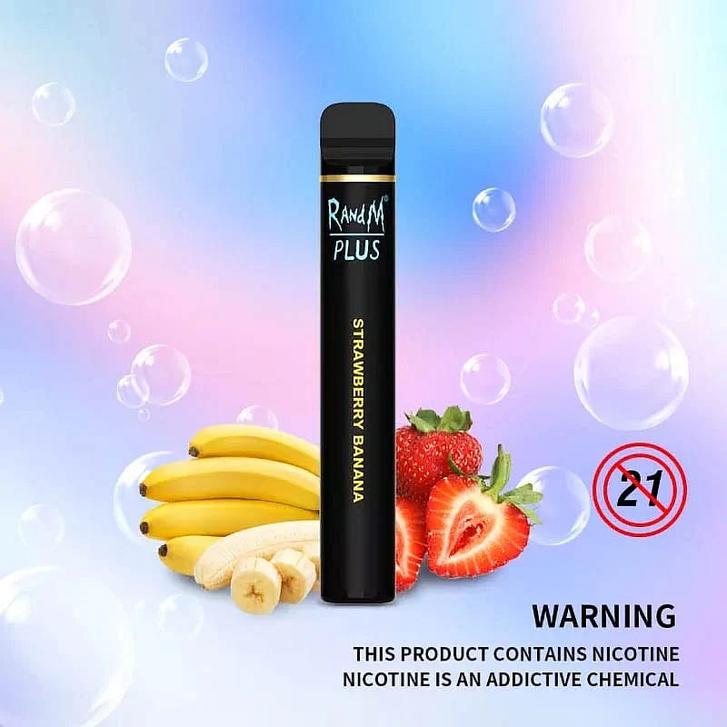 Un vaporizador RandM Plus con sabor a fresa y plátano, rodeado de imágenes de fresas y plátanos, con una advertencia de nicotina y un símbolo de restricción de edad para mayores de 21 años.