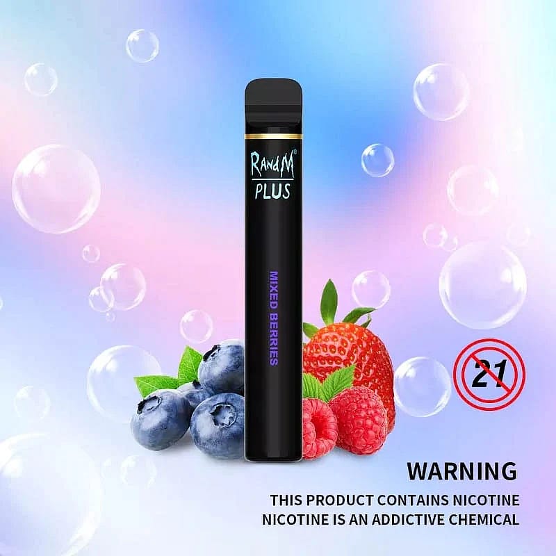 Un vaporizador desechable negro con la etiqueta "RandM Plus Mixed Berries" (RandM Plus frutos rojos mixtos) con imágenes de fresas, frambuesas y arándanos sobre un fondo pastel con burbujas. En la parte inferior se puede ver un símbolo de restricción de edad "21+" y una advertencia sobre adicción a la nicotina.