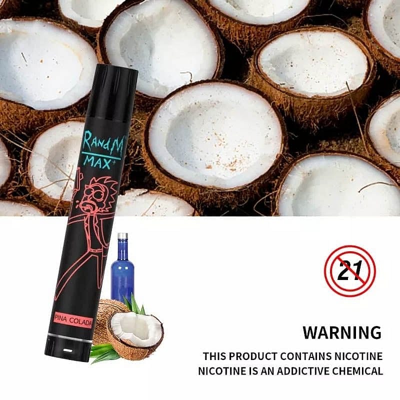 Un dispositif de vapotage étiqueté "RandM Max" avec un arôme Pina Colada, présenté sur un fond de moitiés de noix de coco et accompagné d'une étiquette d'avertissement sur la nicotine.