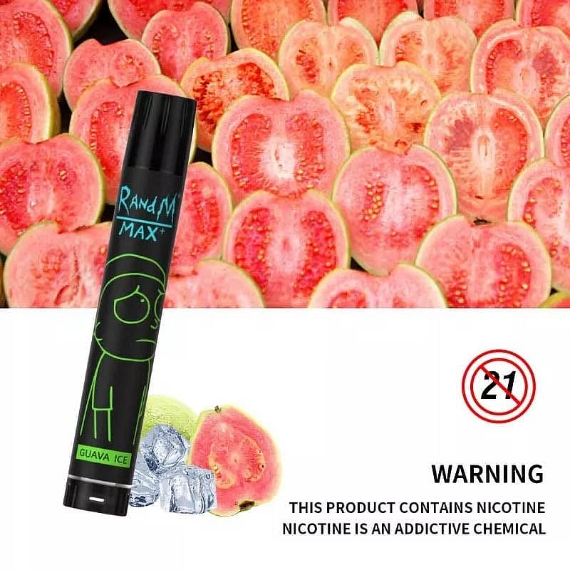 Un stylo à vape noir étiqueté "RandM Max Guava Ice" avec une image de goyaves et de glace, entourée de tranches de goyaves. Une étiquette d'avertissement en bas du stylo indique que la nicotine crée une dépendance et que l'usage est réservé aux personnes âgées de plus de 21 ans.