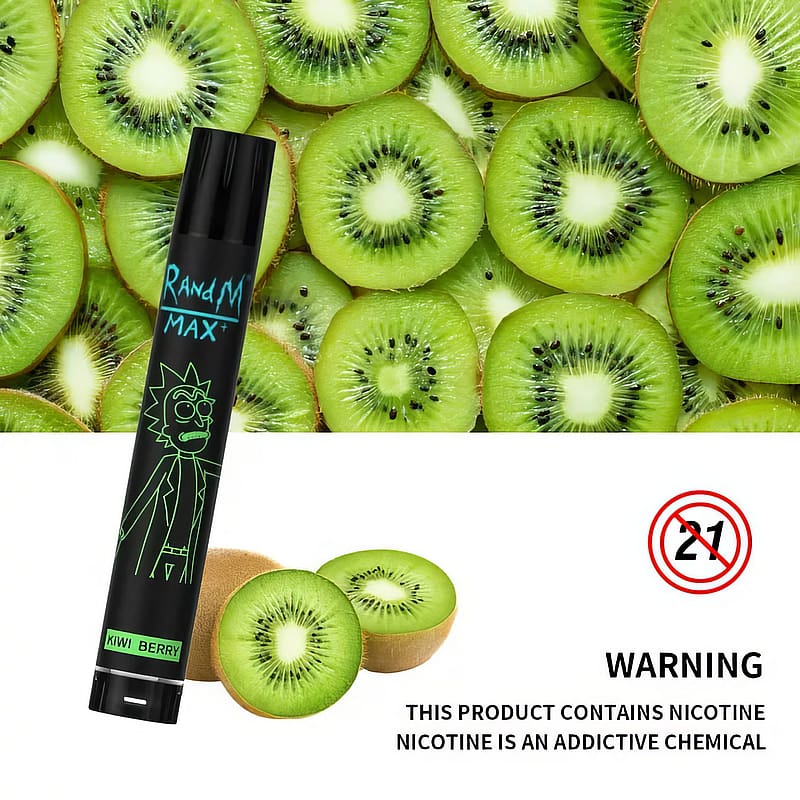 E-cigarette avec la marque "RandM Max" et des tranches de kiwi en arrière-plan, avertissant de la dépendance à la nicotine et de la restriction d'âge.