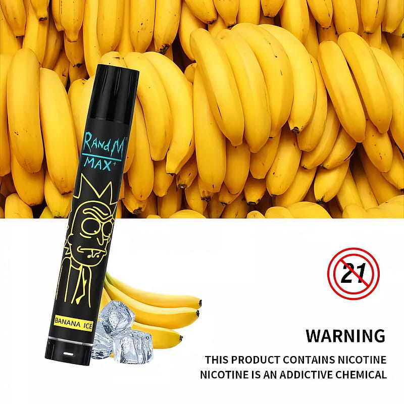 Un stylo à vapeur étiqueté "Banana Ice" avec un personnage de bande dessinée sur fond de bananes et de glaçons, accompagné d'une étiquette d'avertissement indiquant que le produit contient de la nicotine et qu'il est destiné aux utilisateurs de 21 ans et plus.