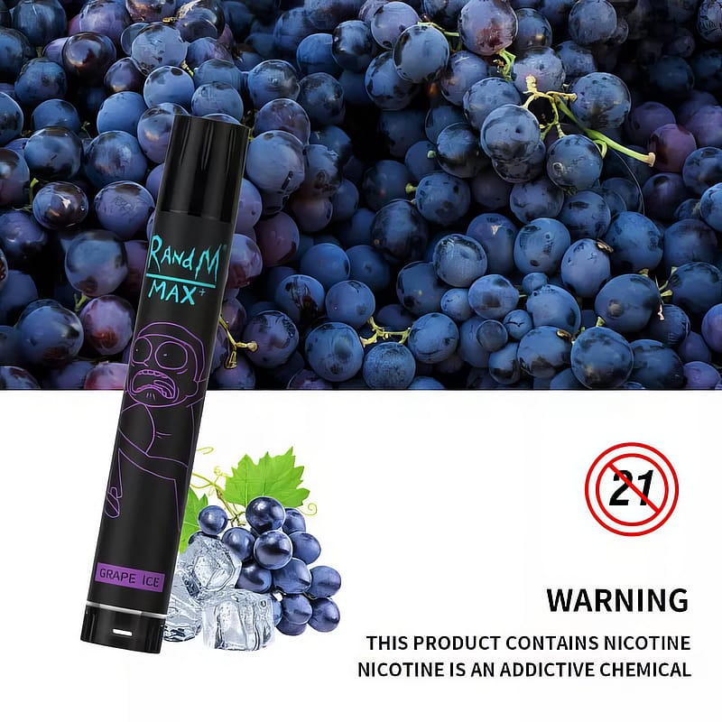 Un dispositif de vapotage étiqueté "RandM Max Grape Ice" est présenté sur un fond de raisins violet foncé avec un avertissement sur la nicotine et un panneau "21+" au bas de l'écran.