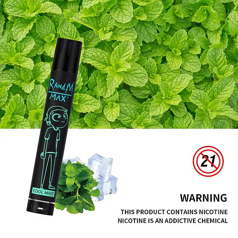 Dispositif d'e-cigarette étiqueté "RandM Max" avec un arôme de menthe fraîche, entouré de feuilles de menthe, de glaçons et d'un avertissement sur la dépendance à la nicotine.