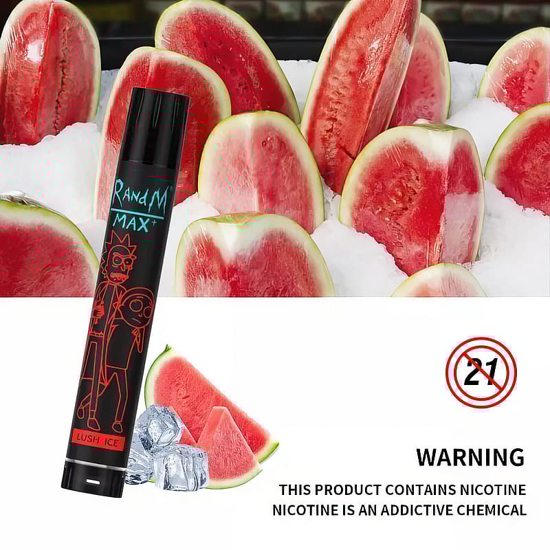 Stylo à vapeur jetable étiqueté "RandM MAX", avec un arôme "Lush Ice" comprenant des tranches de pastèque et des glaçons, accompagné d'un avertissement indiquant que le produit contient de la nicotine, une substance chimique qui crée une dépendance, et qu'il est réservé aux utilisateurs de plus de 21 ans.