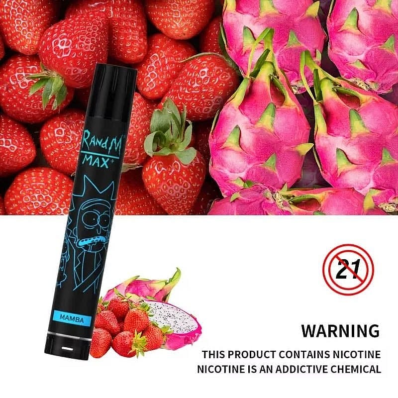 Un stylo à vapeur noir avec un dessin humoristique portant la mention "RandM Max" est placé à côté d'images de fraises et de fruits du dragon. Un avertissement indique que le produit contient de la nicotine et qu'il est destiné aux utilisateurs de 21 ans et plus.