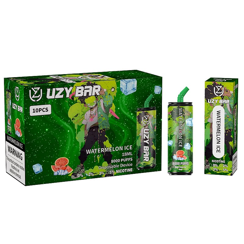 Uzy Bar Watermelon Ice disposable vape packaging with a green color theme, featuring a character illustration, the text "8000 puffs," and nicotine content options.