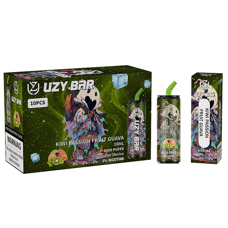 Box and packaging of Uzy Bar disposable vape device with "Kiwi Passion Fruit Guava" flavor, featuring colorful design and product details.