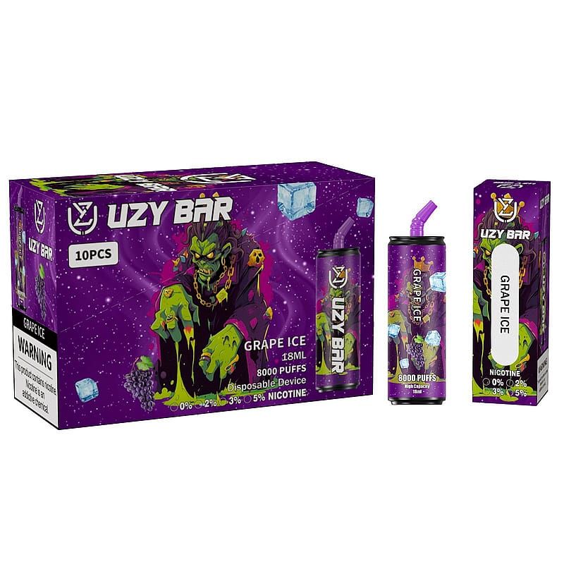 "Grape Ice flavored vape with 8000 puffs, featuring a purple-themed packaging with a zombie-like character and ice cube graphics."
