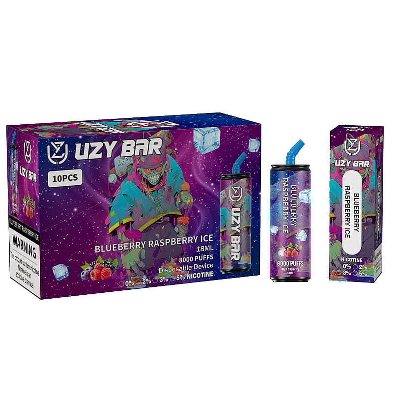Box and packaging for "UZY BAR Blueberry Raspberry Ice" disposable vape device, featuring vibrant graphics of a cartoon character in neon colors. The device offers 8000 puffs with multiple nicotine strength options.