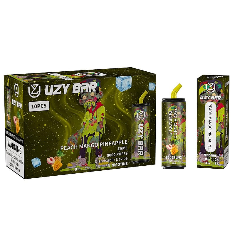 Box and vape device with branding for "Uzy Bar" featuring a character, labeled "Peach Mango Pineapple," offering 8000 puffs, 18mL capacity, and various nicotine levels.