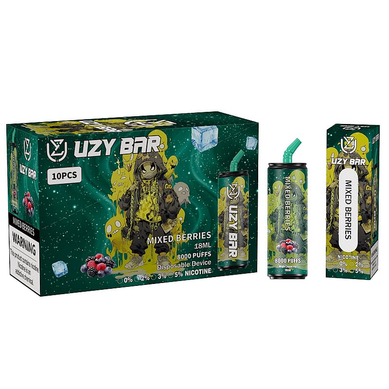Packaging of UZY BAR disposable vape devices with mixed berries flavor, featuring green designs, a cartoon character, and options for different nicotine strengths.