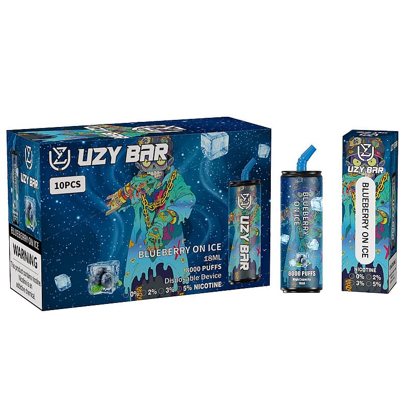 Packaging for UZY BAR disposable vape in "Blueberry on Ice" flavor, featuring a blue cartoon character and product details, including 18ml capacity, 8000 puffs, and various nicotine options.