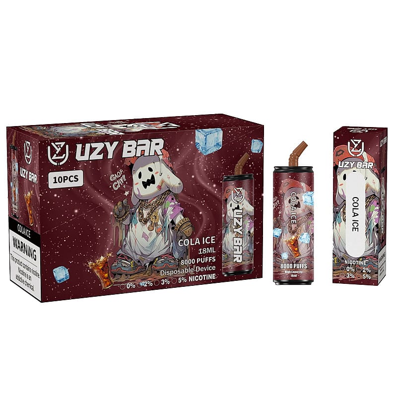 Packaging of Uzy Bar Cola Ice disposable vape, showing the box and individual vape device with ice cube illustrations and a character wearing a hooded robe and jewelry.