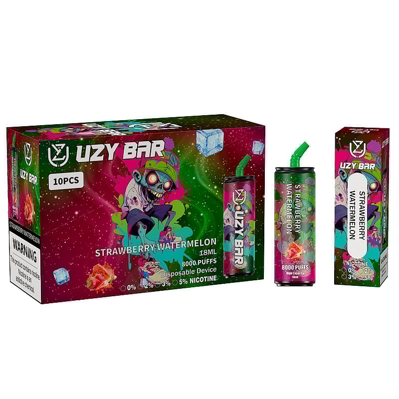 Packaging of UZY BAR disposable vape in "Strawberry Watermelon" flavor, showing the box, device, and individual packaging, with a colorful design featuring a cartoon character and flavor details.