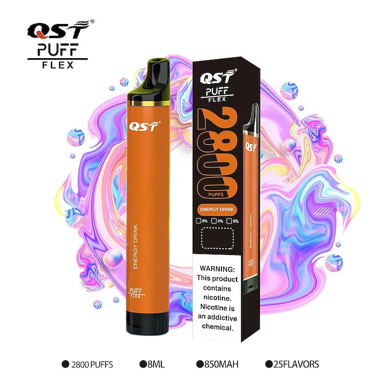 Orangefarbener Einweg-Vaporizer QST Puff Flex mit 2800 Zügen, 8 ml E-Liquid, 850 mAh-Akku und Nikotinwarnung neben der Verpackung.