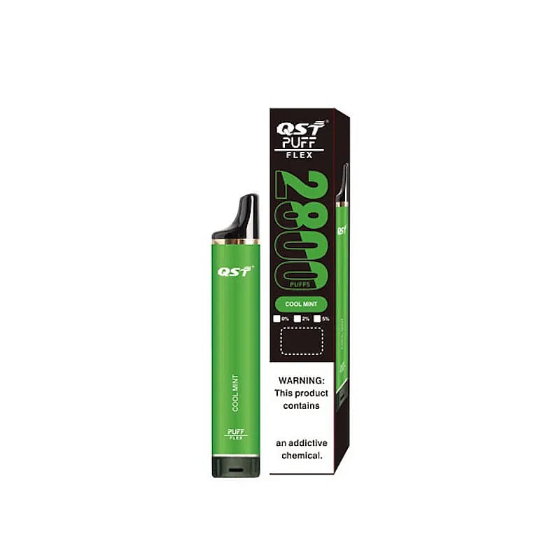 Grüner Einweg-Vape-Pen und seine Schachtel mit der Aufschrift „QST Puff Flex 2800 Puffs“ und dem Geschmack „Cool Mint“.