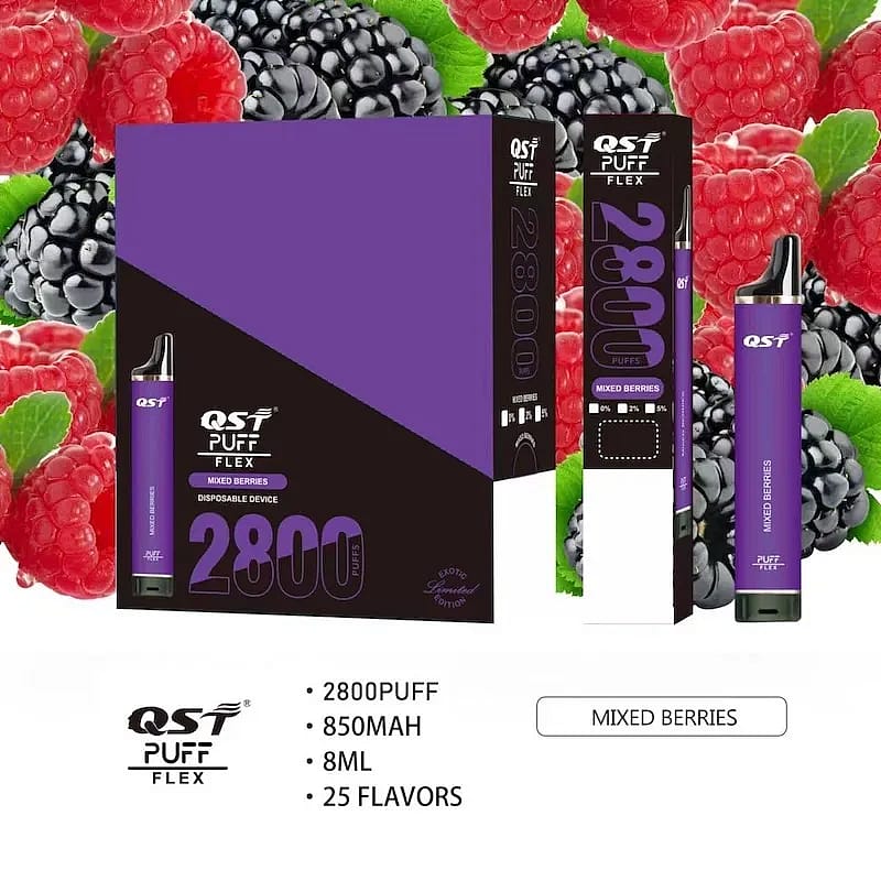 QST Puff Flex Einweg-Vape mit 2800 Zügen, 850 mAh-Akku, 8 ml Fassungsvermögen, gemischtem Beerengeschmack und lila Verpackung.