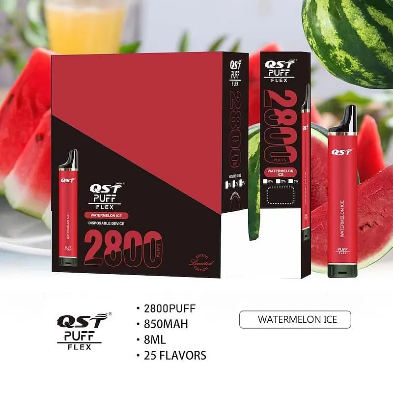 QST Puff Flex Einweg-Vape-Gerät mit Wassermeloneneisgeschmack, 2800 Zügen, 850 mAh-Akku, 8 ml Fassungsvermögen und 25 verfügbaren Geschmacksrichtungen.