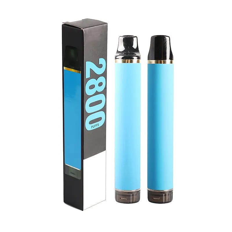 Blauer Einweg-Vape-Pen mit 2800 Zügen, neben der Verpackung abgebildet.