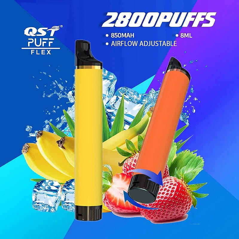 Einweg-Vaping-Gerät mit 2800 Zügen, 850 mAh-Akku und einstellbarer Luftzufuhr, mit Bananen- und Erdbeergeschmack.