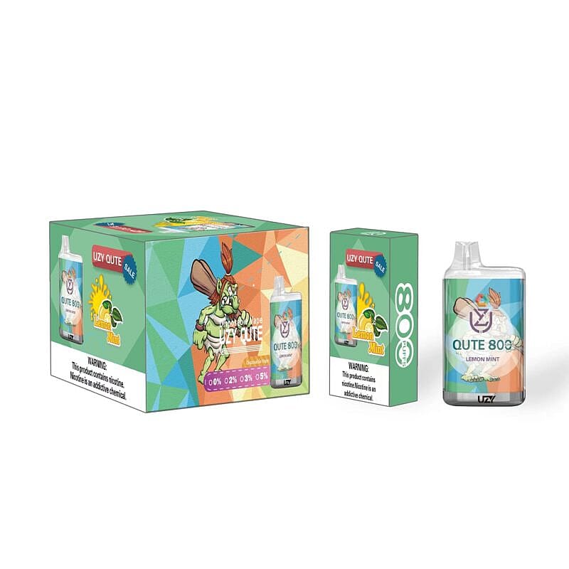 Una caja y dos paquetes de vaporizador desechable Uzy Qute con sabor a menta y limón, con un empaque colorido con un personaje de dibujos animados y una etiqueta de advertencia de nicotina.