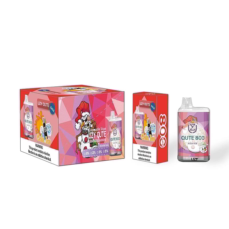 Box and individual packaging of UZY QUTE disposable vape with a Cola Ice flavor, featuring a cartoon Santa Claus and a reindeer on the design.