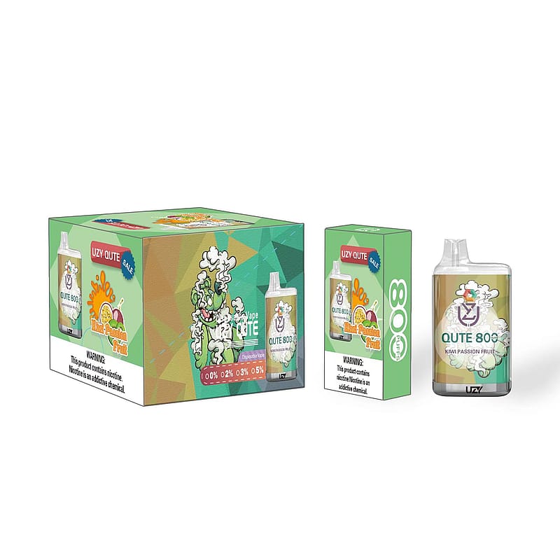 Packaging and product image of UZY QUTE 808 disposable vape in Kiwi Passion Fruit flavor with nicotine content options displayed on the box.