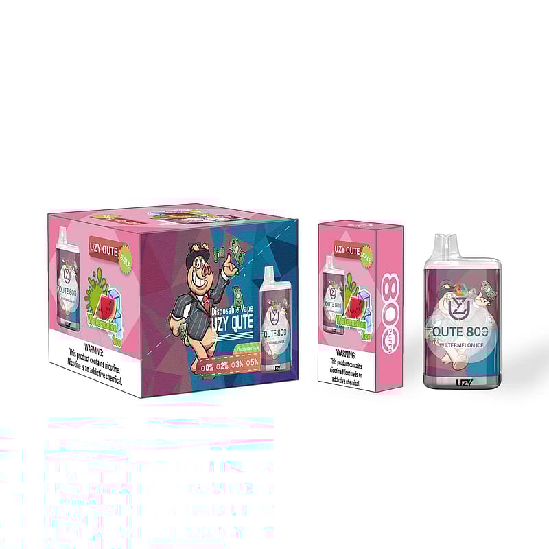 Disposable vape product packaging featuring a cartoon bear holding money, with the flavor "Watermelon Ice" and nicotine strength options displayed.