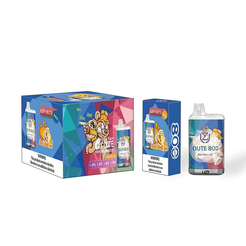 Packaging and a vape device with branding featuring a cartoon bear holding a vape pen, labeled "Qute 803" and warnings about nicotine content.