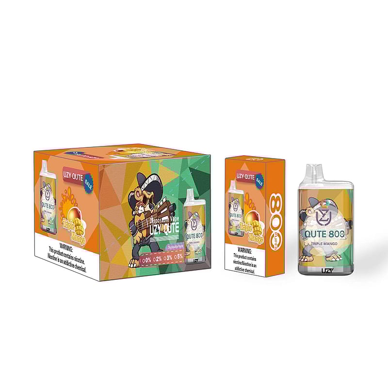 Box and packaging of UZY QUTE disposable vape with a cartoon character, featuring the "Triple Mango" flavor, and a warning label about nicotine.