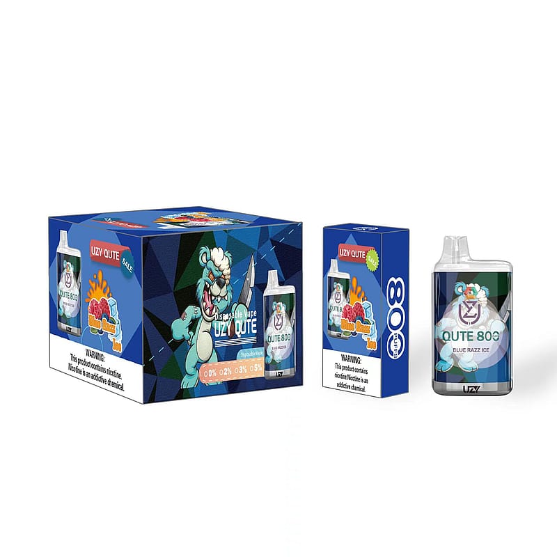 Uzy Qute 800 disposable vape box with 10 packs of Blue Razz Ice flavor, 800 puffs per device, warning label about nicotine addiction on packaging.