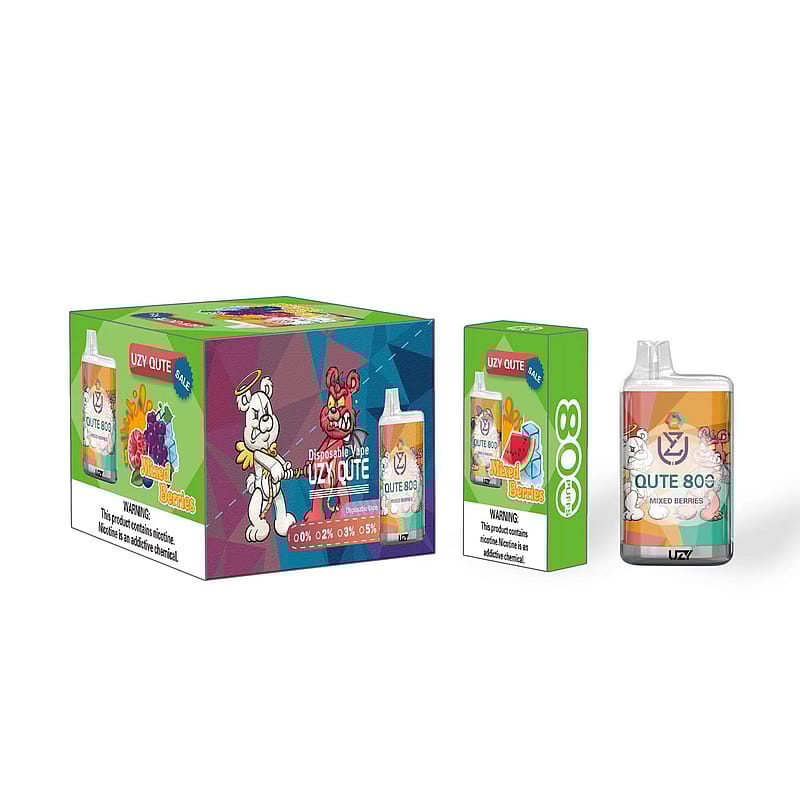 Packaging and product image of UZY QUTE 8000 disposable vape in "Mixed Berries" flavor with a cartoon bear on the front, showing both the box and the vape device.