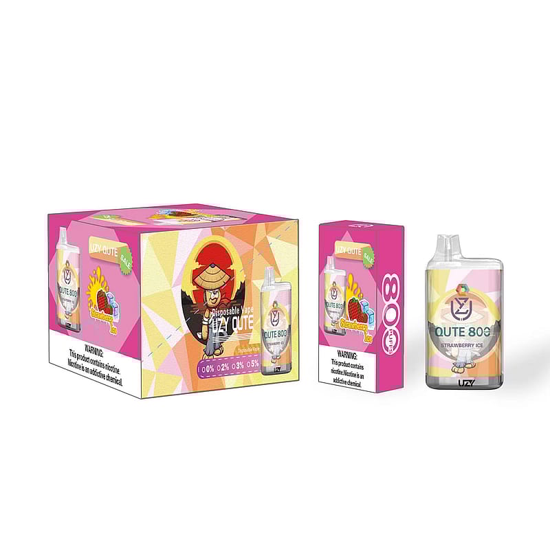 Packaging and a disposable vape device labeled "Qute 808" in a strawberry ice flavor with a colorful design featuring strawberries and a character wearing a straw hat.