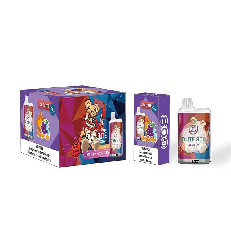 Caja y dispositivo de vapeo desechable etiquetado "UZY QUTE 800 Grape Ice", con una mascota de oso de dibujos animados y una advertencia sobre el contenido de nicotina.