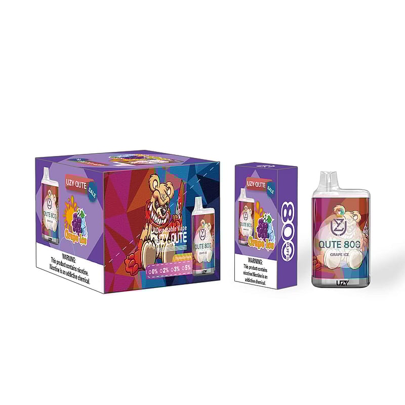 Box and disposable vape device labeled "UZY QUTE 800 Grape Ice," featuring a cartoon bear mascot and a warning about nicotine content.