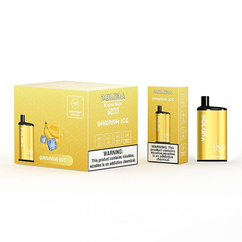 Emballage et dispositif de vape pour Doloda Banana Ice, 6000 bouffées, de couleur jaune avec un design banane et glace, doté d'une icône de flux d'air réglable.