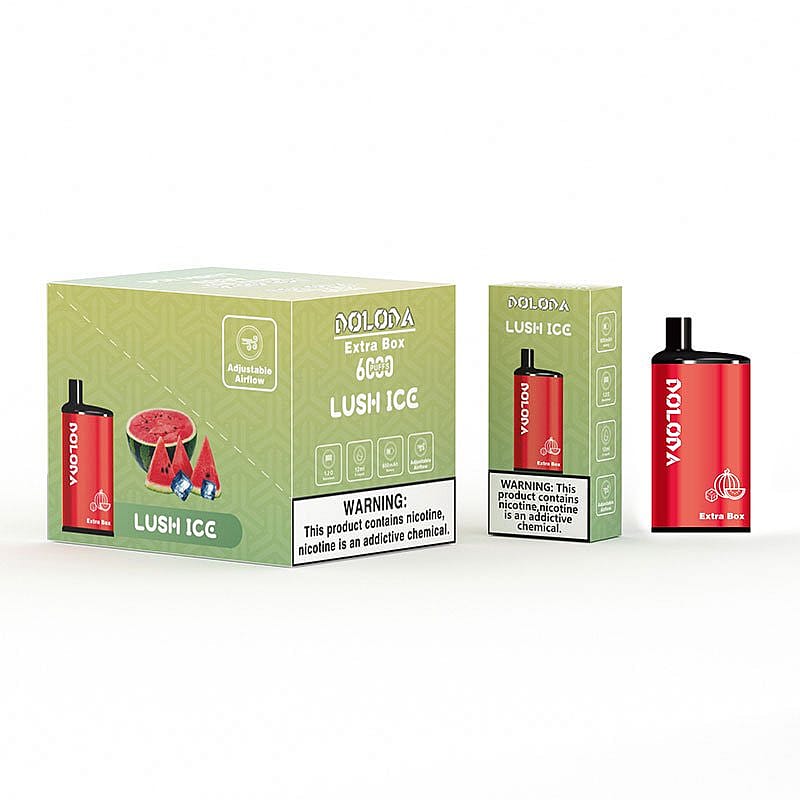 Emballage de vape Doloda Lush Ice avec un dispositif de vape jetable rouge et des images de tranches de pastèque sur la boîte. L'étiquette d'avertissement indique la présence de nicotine.
