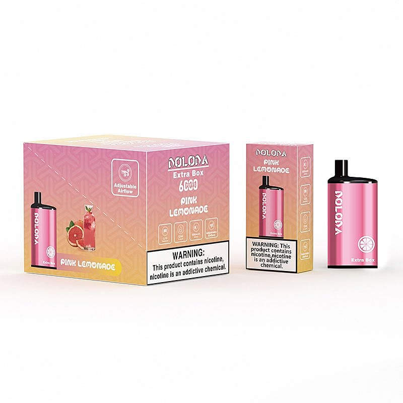 Appareil de vapotage au goût de limonade rose et emballage avec des étiquettes d'avertissement sur la teneur en nicotine.