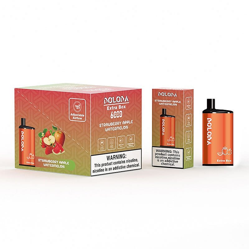 Boîte de vape jetable Doloda Extra au goût de fraise, pomme et pastèque, avec flux d'air réglable et étiquette d'avertissement de nicotine.