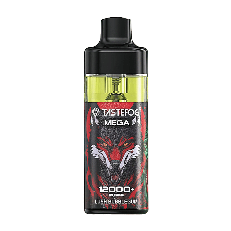 Dispositivo de vapeo Tastefog Mega con sabor "Lush Bubblegum" y "12000+ bocanadas" impreso en la etiqueta con un gráfico de zorro rojo.