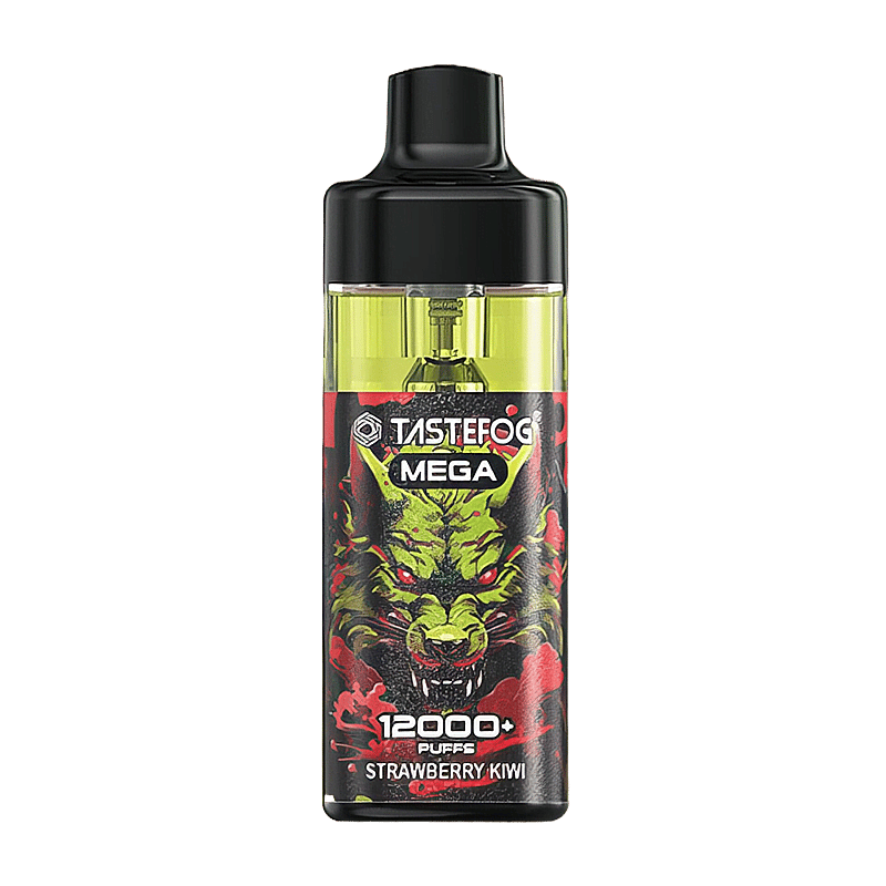 Vape desechable Tastefog Mega con más de 12000 bocanadas en sabor fresa kiwi y diseño de diablo en la etiqueta.