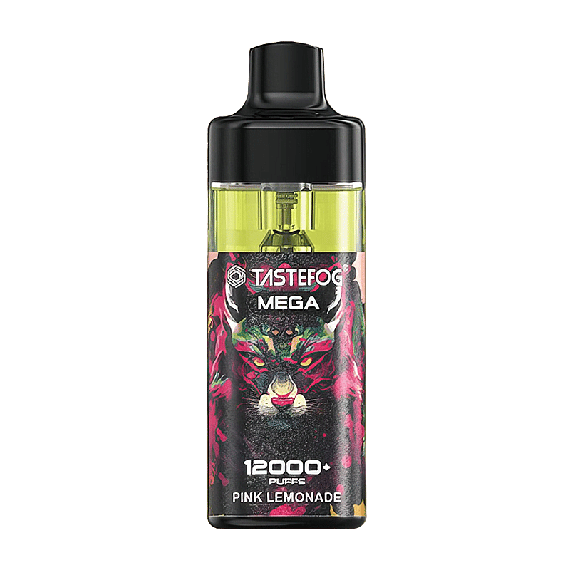 Dispositivo de vapeo Tastefog Mega con sabor a "Limonada rosa", con un gráfico animal estilizado y una etiqueta de "12000+ bocanadas".