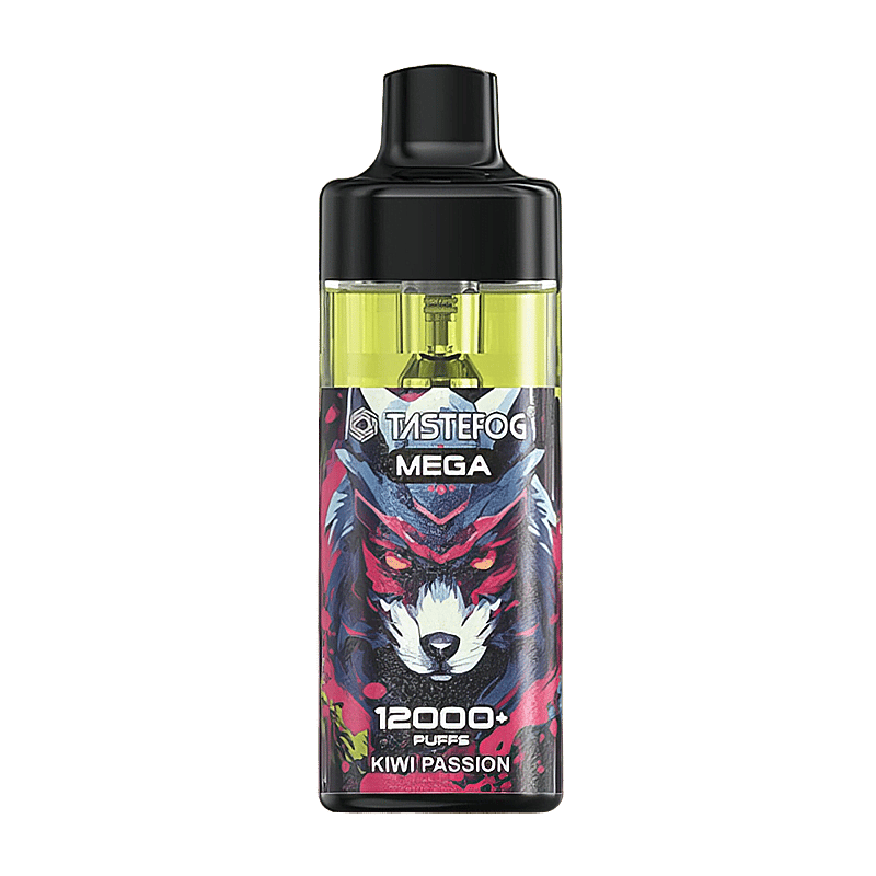 Dispositivo de vapeo Tastefog Mega con sabor a kiwi y pasión, con un diseño de lobo colorido y etiquetado que proporciona más de 12,000 bocanadas.