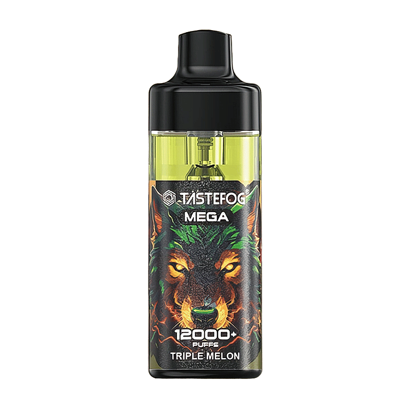 Cigarrillo electrónico Tastefog Mega con sabor “Triple Melón”, capacidad para más de 12000 bocanadas y un diseño de lobo en la etiqueta.