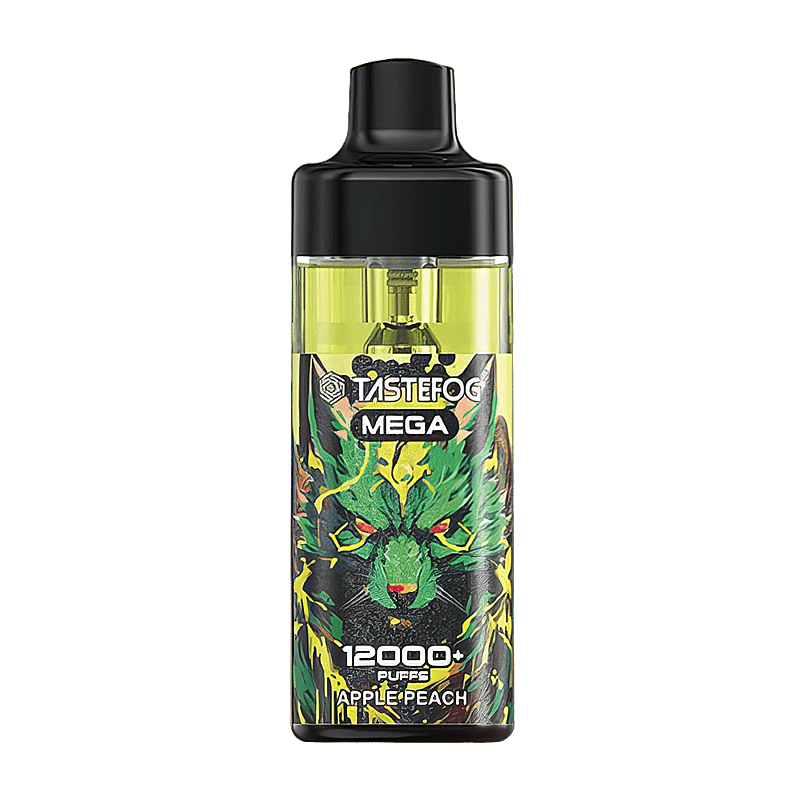 Vape desechable TasteFog MEGA con diseño verde y negro, etiquetado 12000+ bocanadas, sabor manzana melocotón.