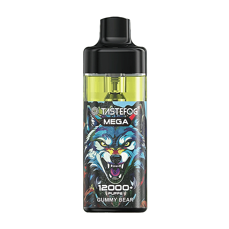 Dispositivo de vapeo TasteFog Mega con 12000 bocanadas y un gráfico de lobo colorido.