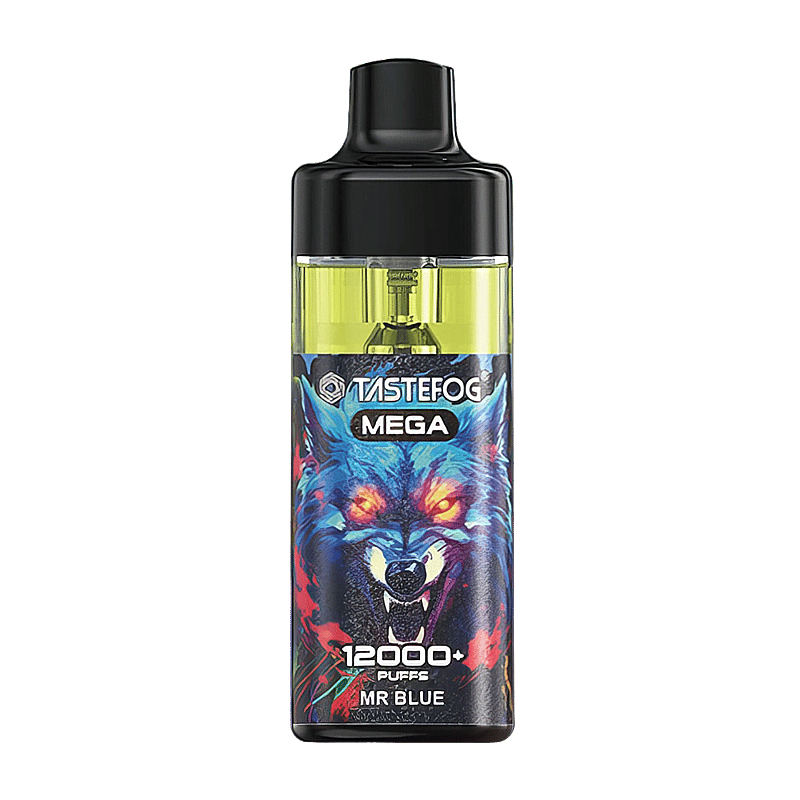 Vape desechable colorido etiquetado "Tastefog Mega" con más de 12000 bocanadas y sabor "Mr Blue", que presenta una ilustración de un lobo feroz.