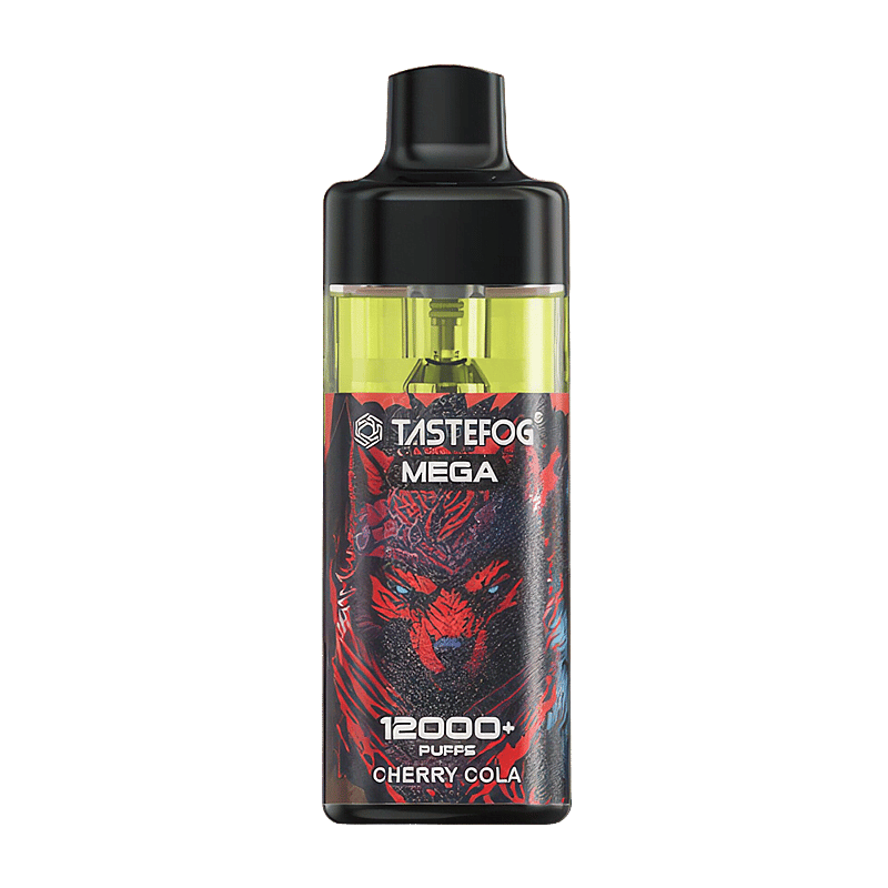 Dispositivo de vapeo Tastefog Mega con texto "12000+ bocanadas" y sabor "Cherry Cola".